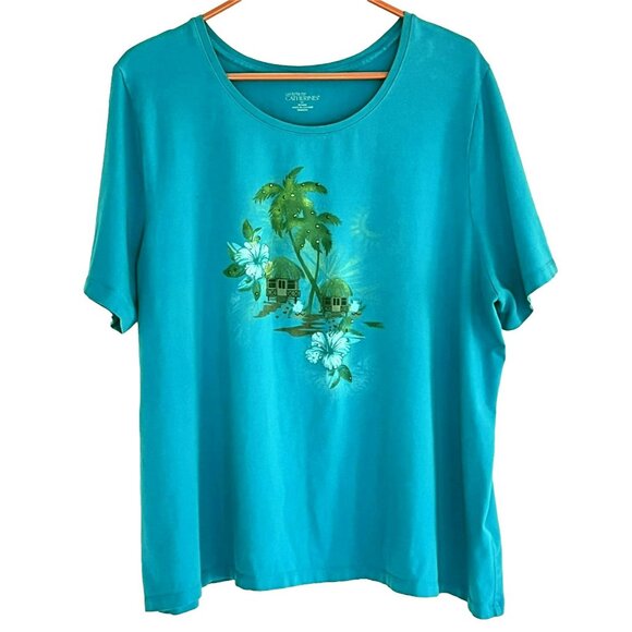 Liz & Me for Catherines T Shirt 1X Studded Floral Vacation Tropical Beachy - Picture 1 of 5